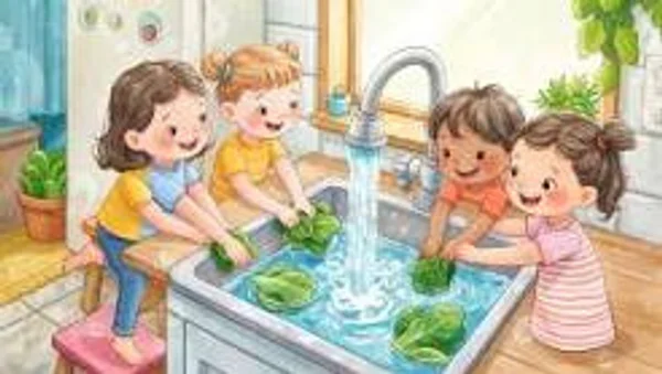 Children washing vegetables together